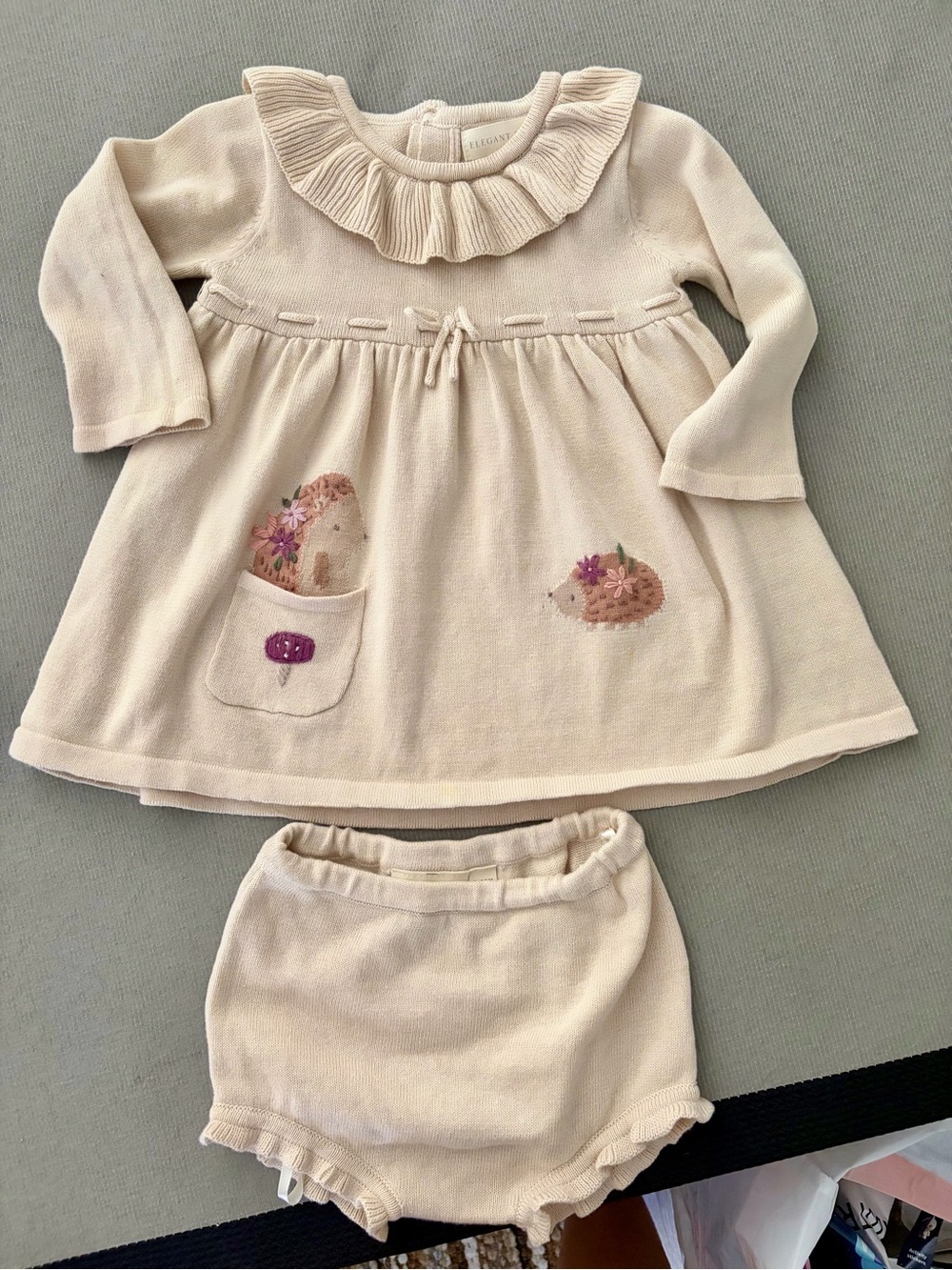 Cream Knit Baby Dress & Bloomers Set with Hedgehog Appliqué